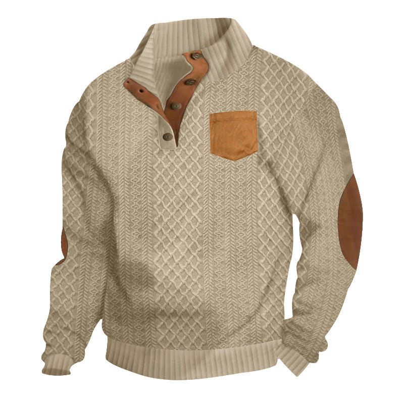 Herren nan Zopfmuster-Strickpullover mit Stehkragen Knopfleiste aufgesetzter Brusttasche und Lederoptik-Ellenbogenpatches Echo Archiv