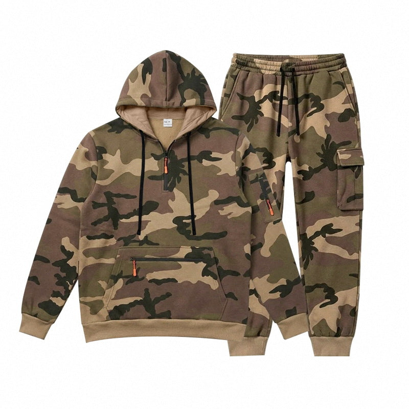 Herren Camouflage Kapuzensweatshirt- und Jogginghose Set mit Cargo-Taschen und Reißverschlüssen – Cavarno