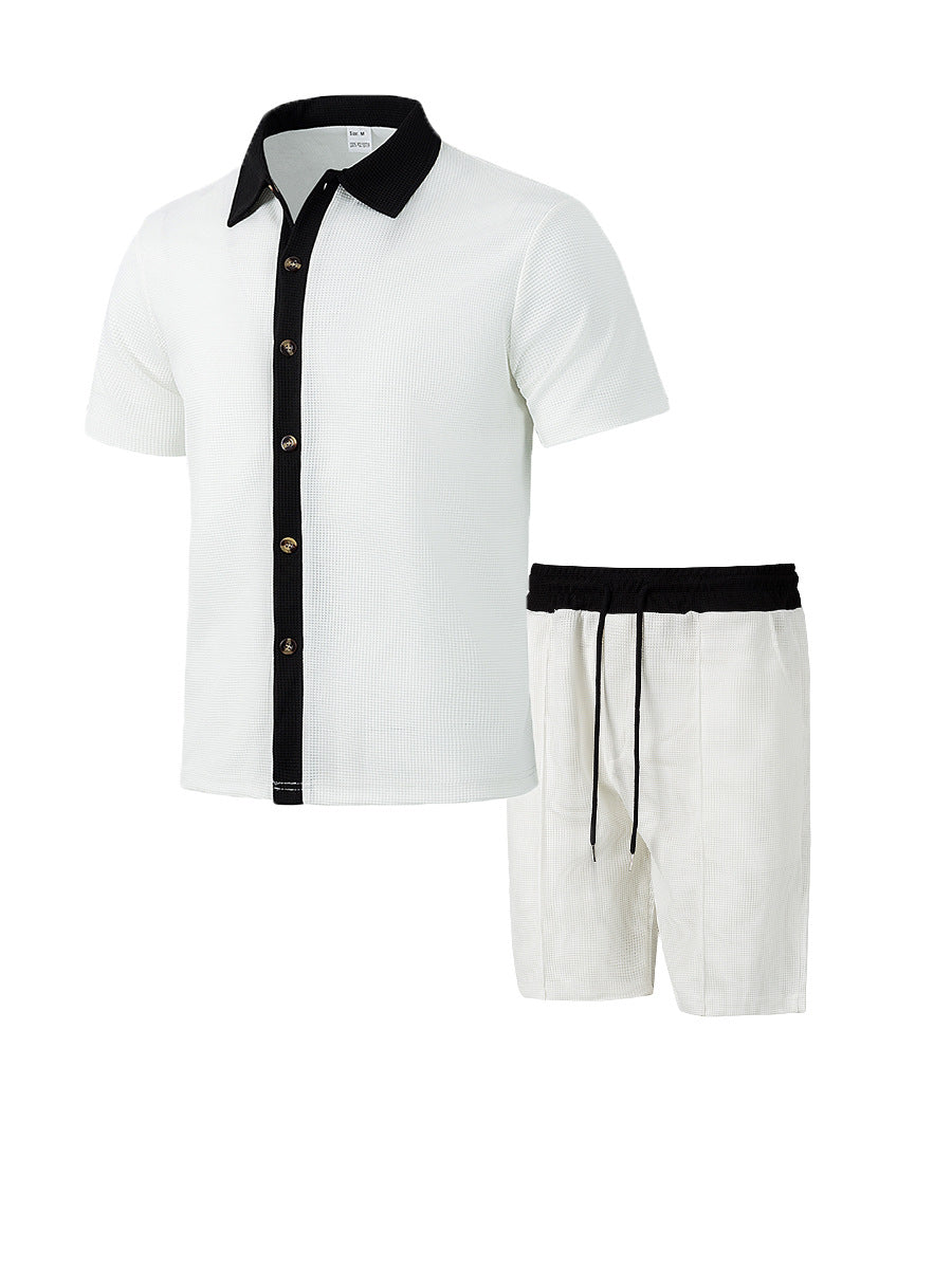 Herren nan modernes Freizeit-Set aus feinem Strukturjersey mit Hemdkragen-Knopfleiste und Kordel-Shorts Echo Archiv