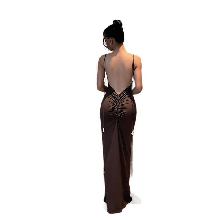 Damen Körperbetontes Maxikleid mit tiefem Rückenausschnitt und Rüschendetails Echo Archiv
