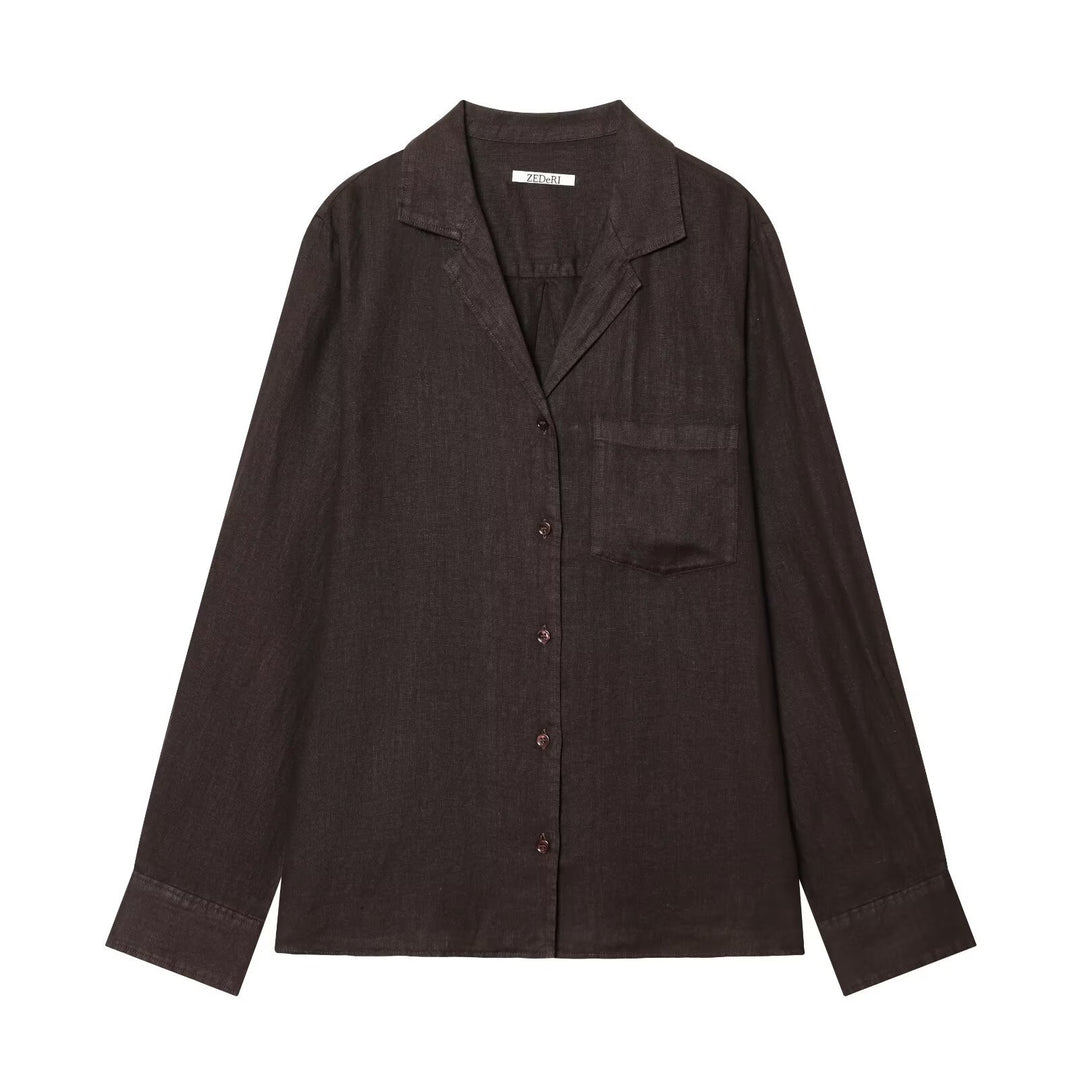 Damen Zweiteiliges Loungewear-Set aus Leinenoptik mit lockerem Pyjama‑Hemd und weiter Palazzo‑Hose Echo Archiv