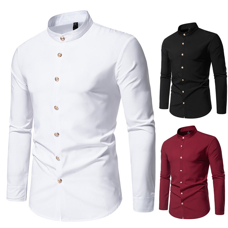Herren Langarmhemd mit modernem Stehkragen und eleganten Knopfdetails Echoarchiv