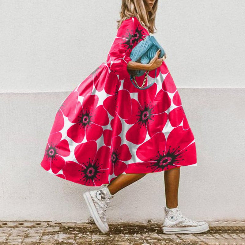 Damen nan leichtes Baumwoll-Swingkleid mit großem Blumenprint, 3/4-Ballonärmeln und geraffter Taille Echo Archiv