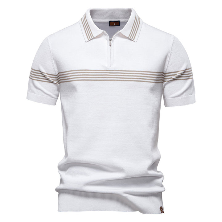Herren nan edles Feinstrick-Poloshirt mit kurzem Metallreißverschluss, Bündchenärmeln und kontrastierten Streifenbändern Echo Archiv