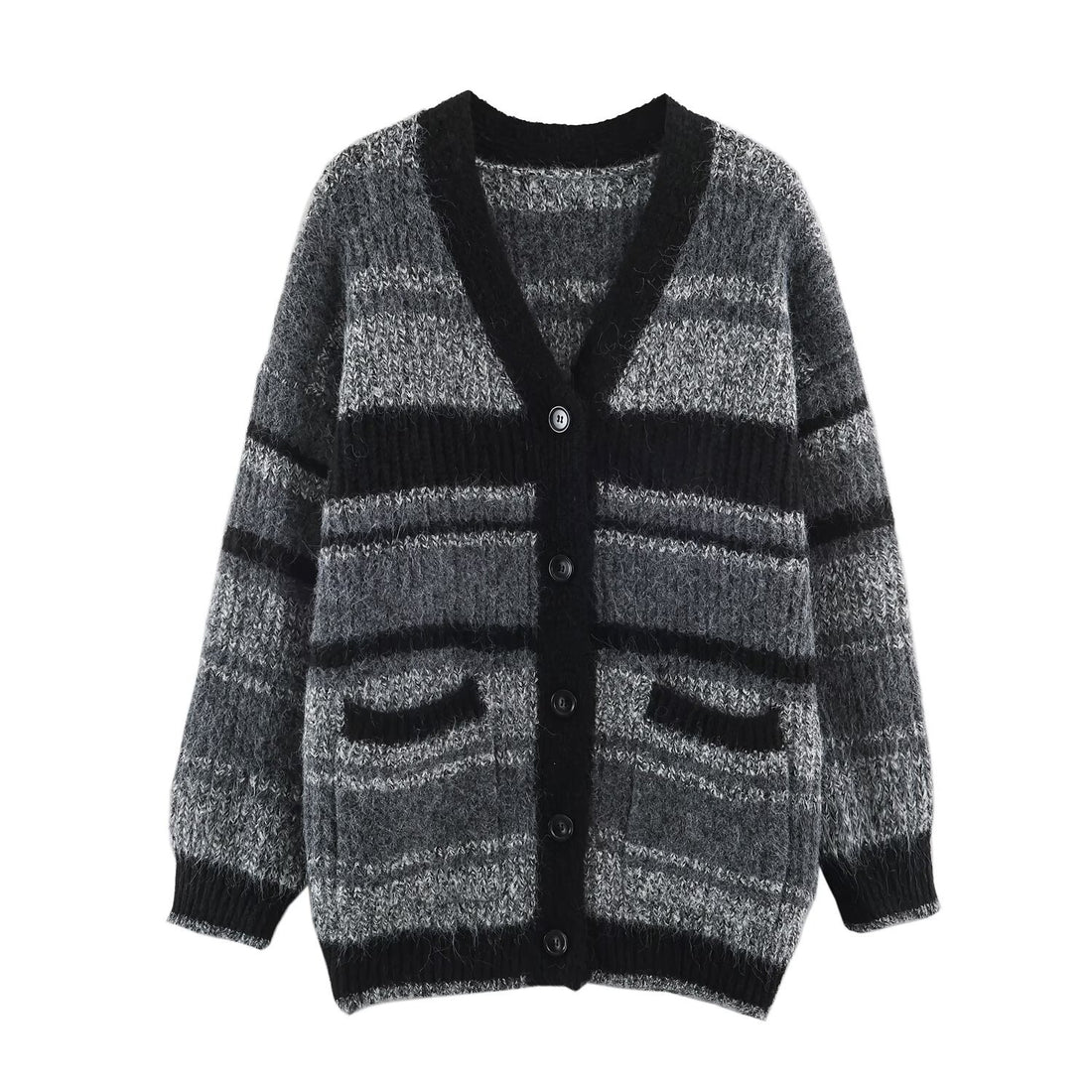 Damen Oversize Strickcardigan mit V-Ausschnitt, Streifenmuster und aufgesetzten Taschen Echoarchiv