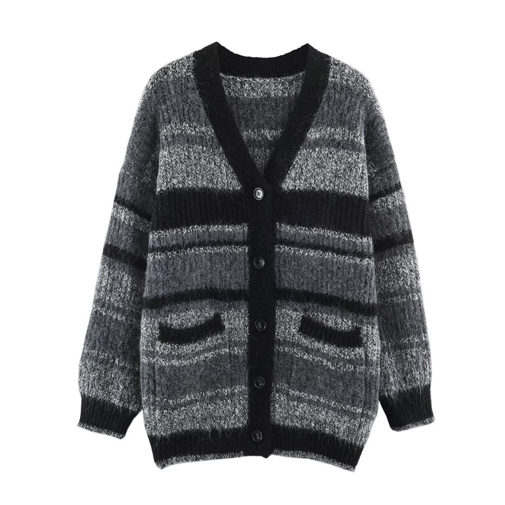 Damen Oversize Strickcardigan mit V-Ausschnitt, Streifenmuster und aufgesetzten Taschen Echoarchiv