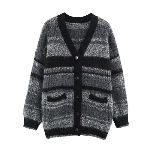 Damen Oversize Strickcardigan mit V-Ausschnitt, Streifenmuster und aufgesetzten Taschen Echoarchiv
