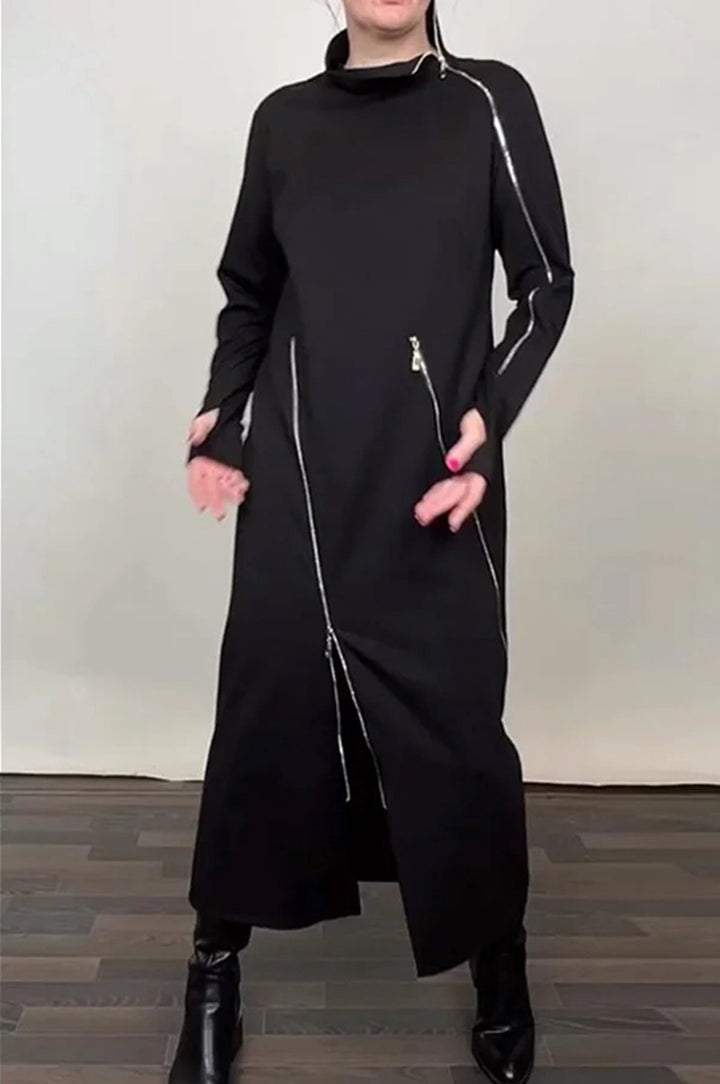 Damen nan langes Strickkleid mit asymmetrischen Metallreißverschlüssen und Frontschlitz Echo Archiv