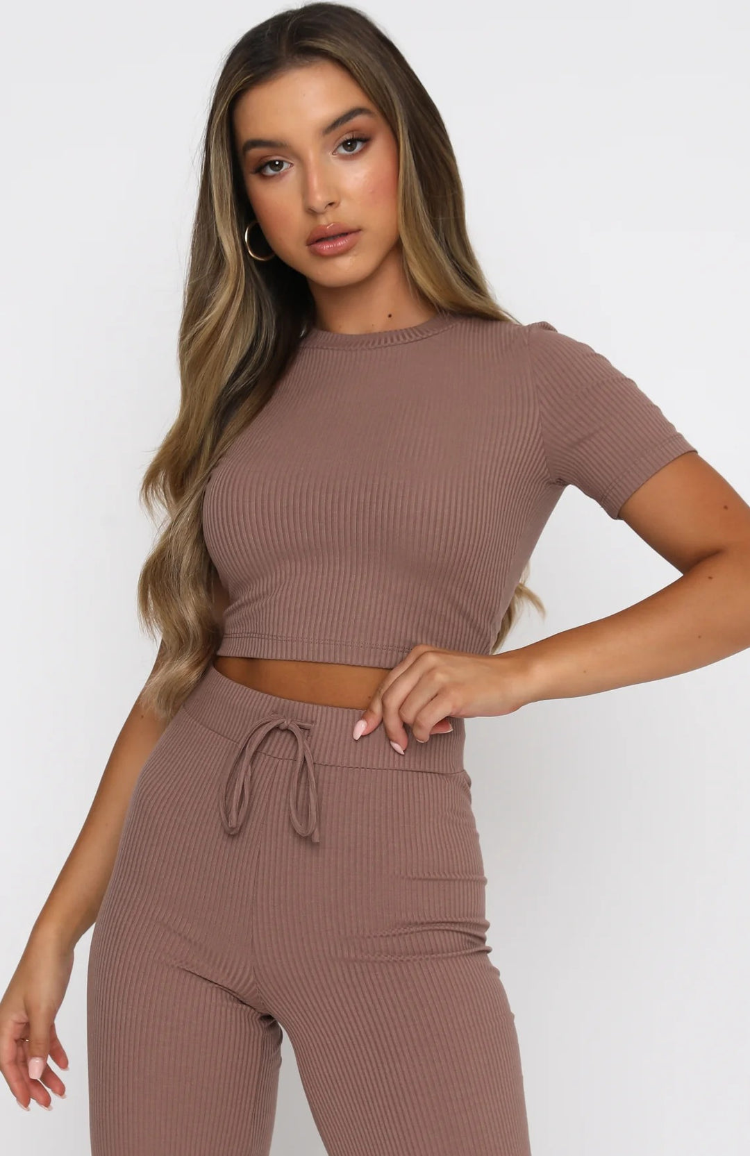 Damen Geripptes Crop-Set aus Stretch‑Jersey mit taillenhoher Kordel-Hose – Élanora