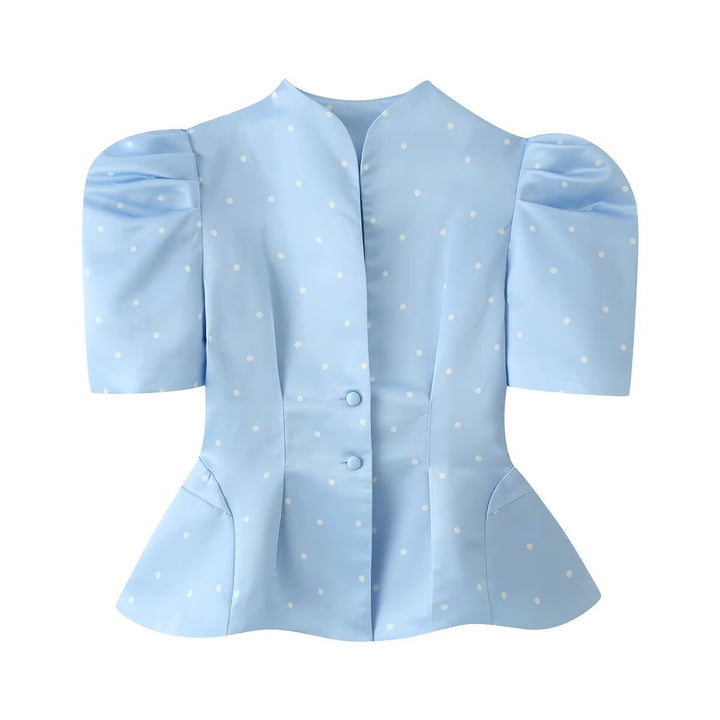 Damen Polka-Dot Bluse mit Stehkragen, Puffärmeln und tailliertem Schößchen Echo Archiv