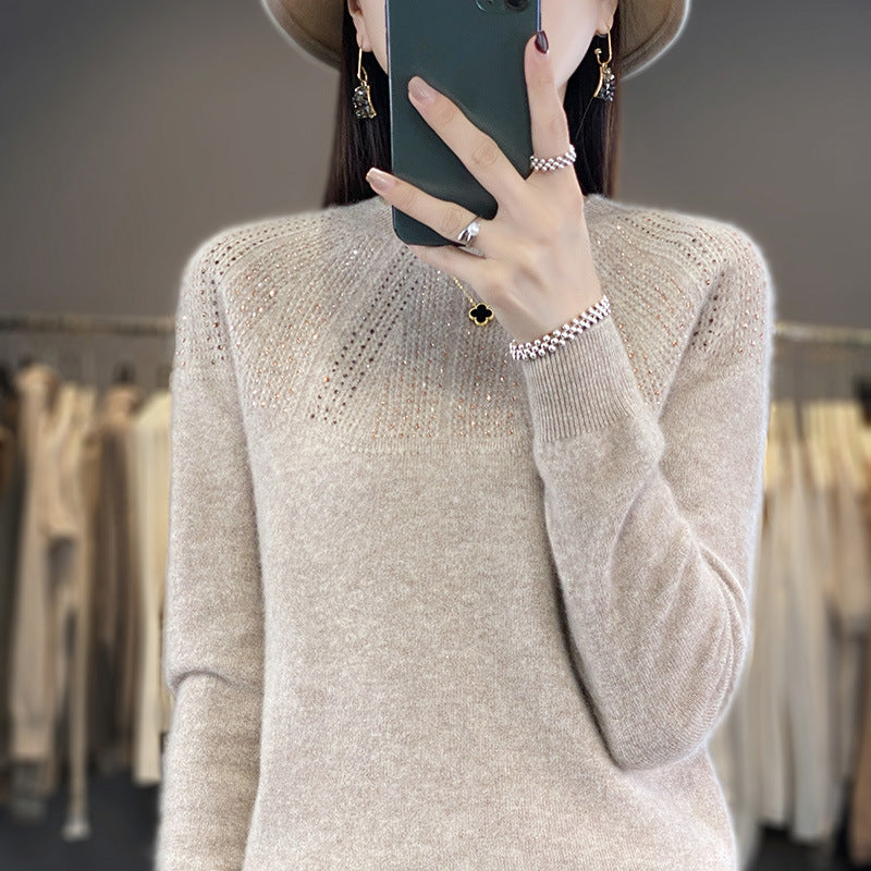 Damen Weicher Kaschmir‑Optik Feinstrickpullover mit Ajour‑Yoke und Paillettenbesatz Echoarchiv