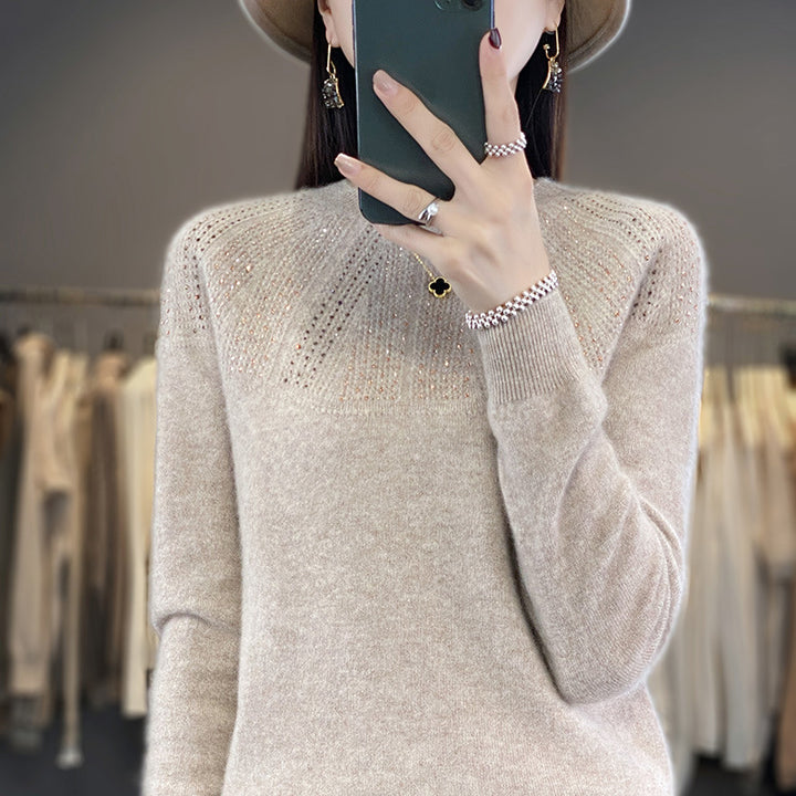 Damen Weicher Kaschmir‑Optik Feinstrickpullover mit Ajour‑Yoke und Paillettenbesatz Echoarchiv