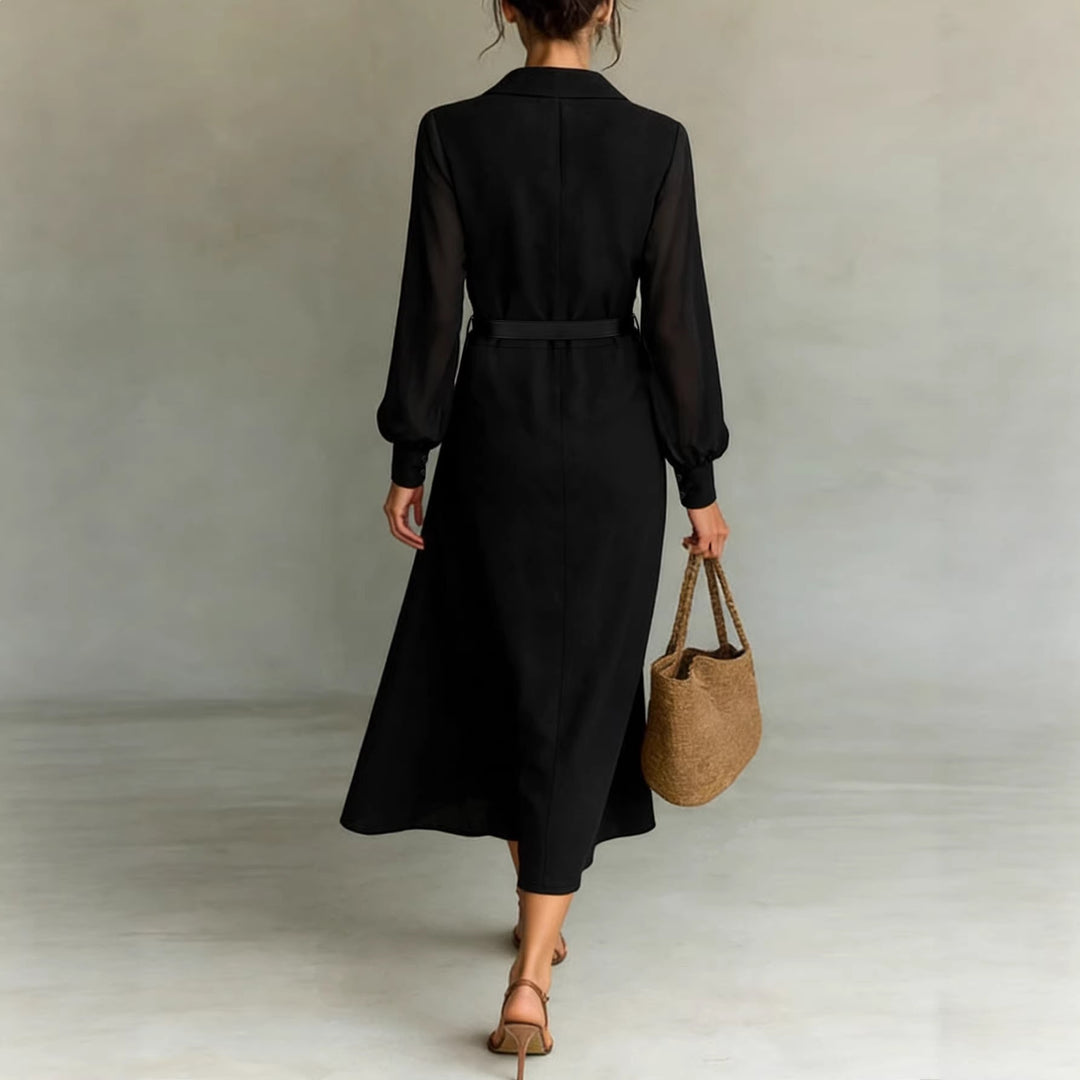 Damen Schlankes Maxi‑Hemdkleid mit transparenten Ballonärmeln und taillierter Silhouette – Valéora