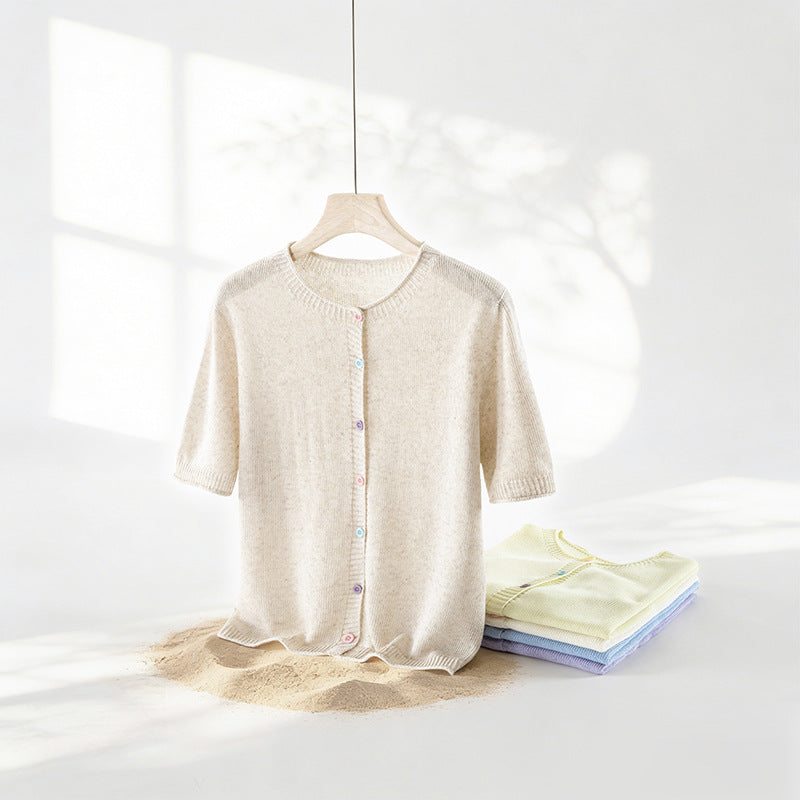 Damen Kurzarm-Feinstrick-Cardigan mit Rundhalsausschnitt & feiner Knopfleiste Echo Archiv