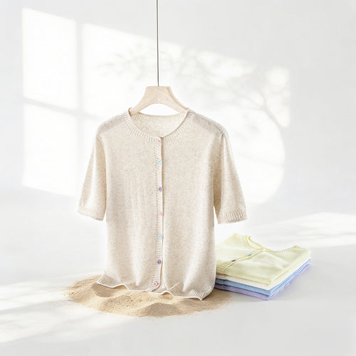 Damen Kurzarm-Feinstrick-Cardigan mit Rundhalsausschnitt & feiner Knopfleiste Echo Archiv