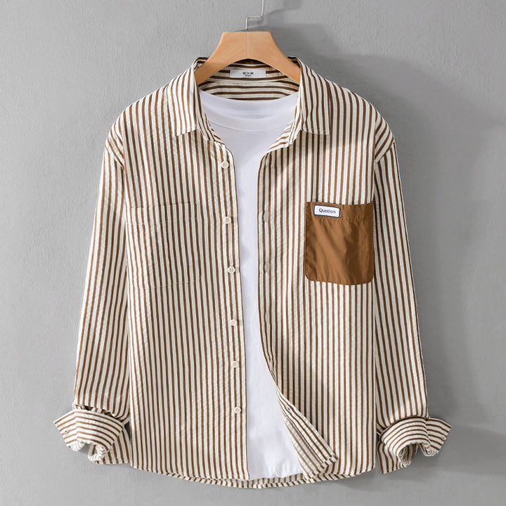 Herren Gestreiftes Langarm-Overshirt aus Baumwollmix mit kontrastierter Brusttasche Echoarchiv