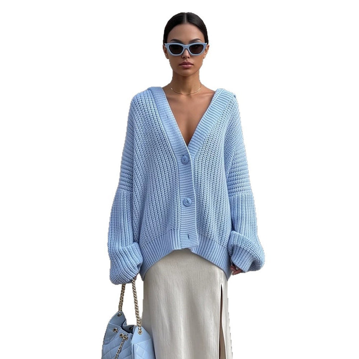 Damen Oversized Kapuzen-Strickcardigan mit Ballonärmeln und Knopfleiste Echoarchiv