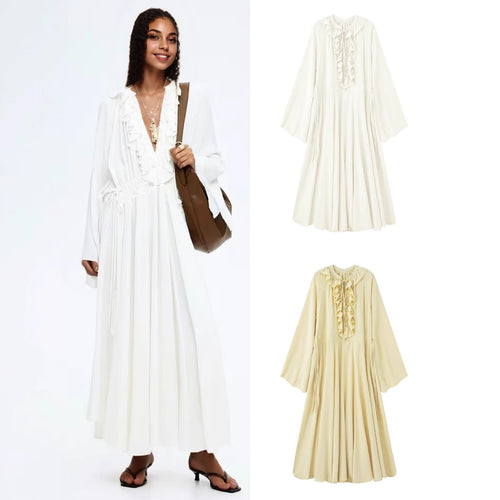Damen Maxikleid mit Volants, Bindekragen und weitem Glockenärmel Echo Archiv