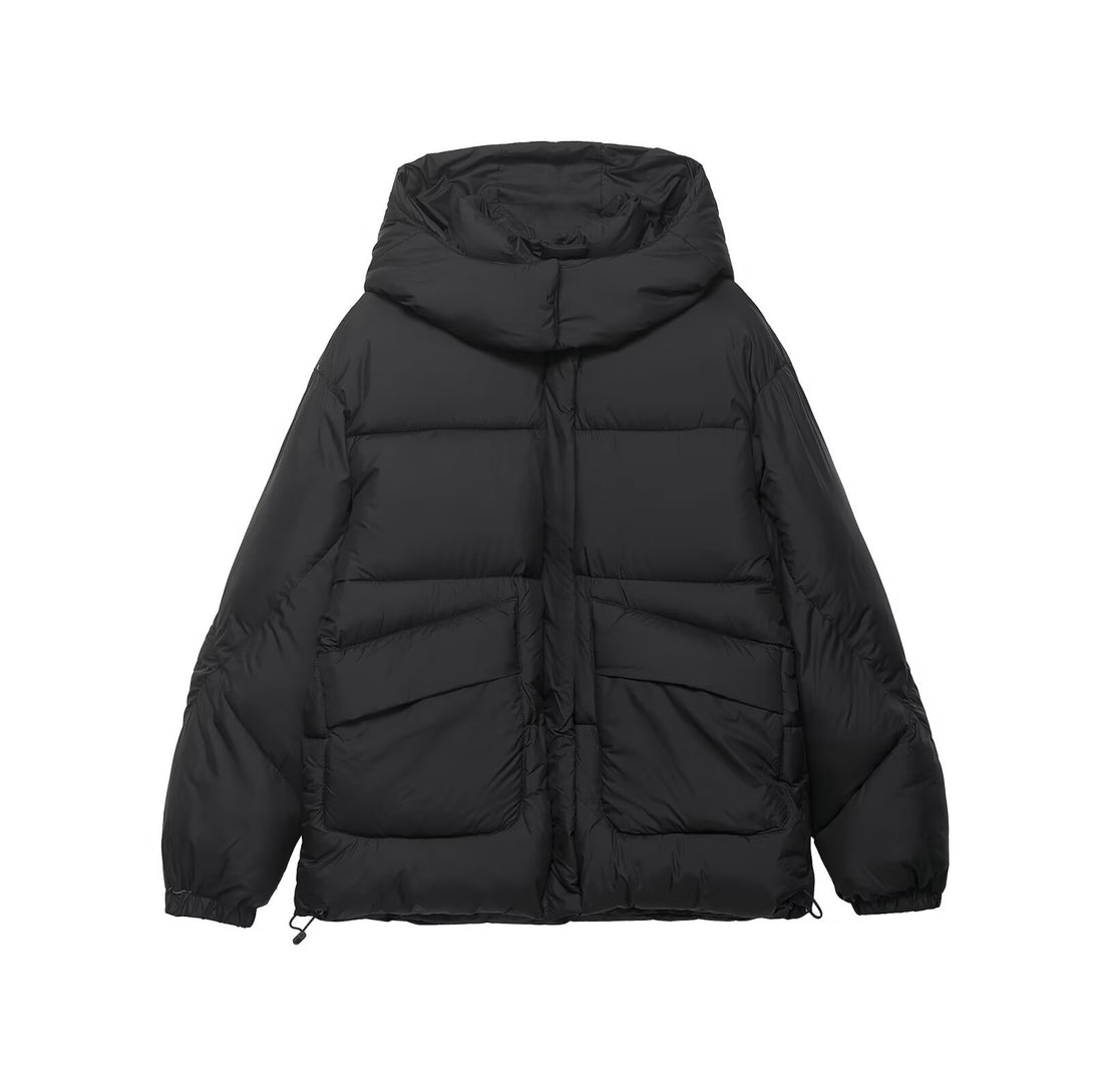 Damen Voluminöse Oversize Daunenjacke mit Kapuze und Kordelzug Echoarchiv