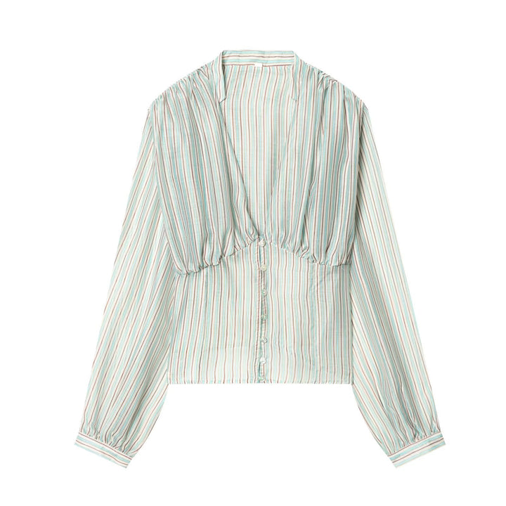 Damenbluse mit tiefem V-Ausschnitt und eleganten Rüschendetails Echo Archiv