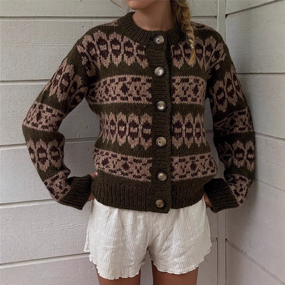 Damen Norwegermuster-Strickjacke mit Knopfleiste und geripptem Saum Echoarchiv
