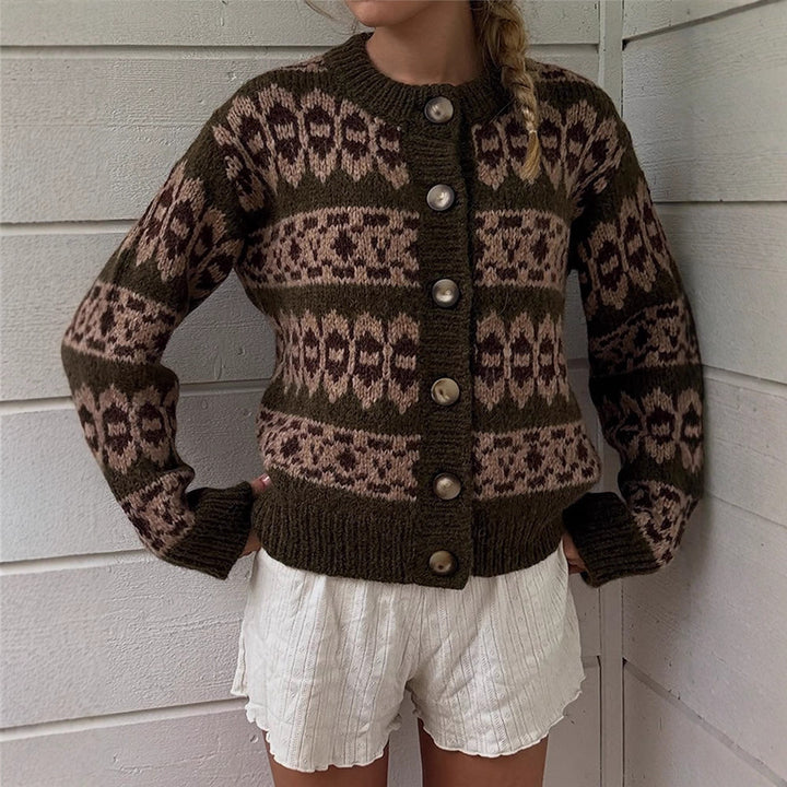 Damen Norwegermuster-Strickjacke mit Knopfleiste und geripptem Saum Echoarchiv
