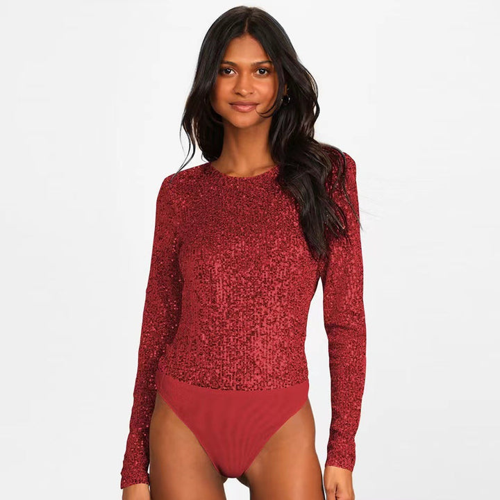 Damen Funktionsreicher Pailletten-Bodysuit mit langem Arm Echoarchiv
