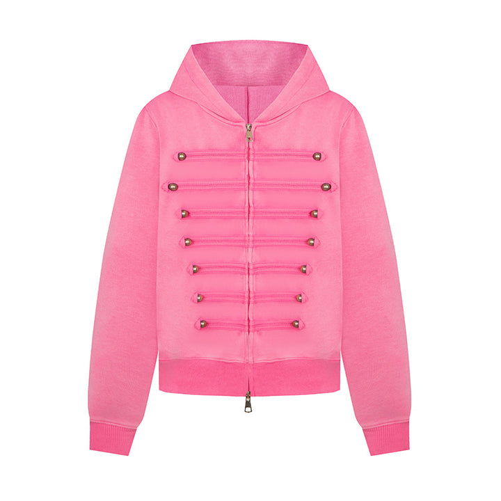 Damen Kapuzen-Sweatjacke im Military-Style mit Zierkordeln und Metallknöpfen Echoarchiv