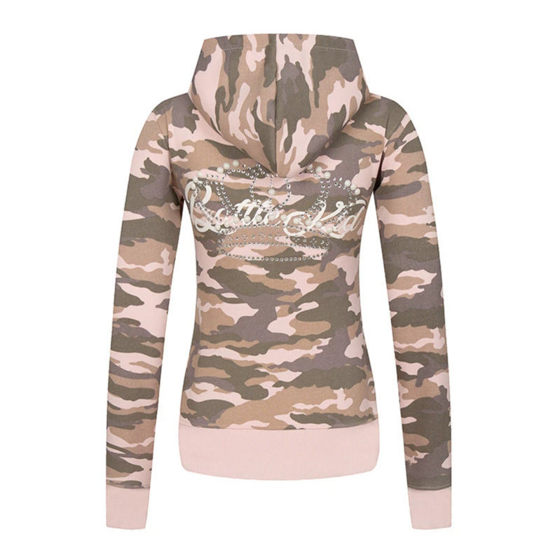 Damen Kapuzen-Sweatjacke mit zweiseitigem Reißverschluss, Camouflage-Print und Strass‑Schmetterling Echoarchiv