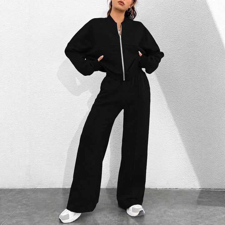 Damen Loungewear-Set mit kurzem Reißverschluss-Bomber und weiter High-Waist Jogginghose – Élanora