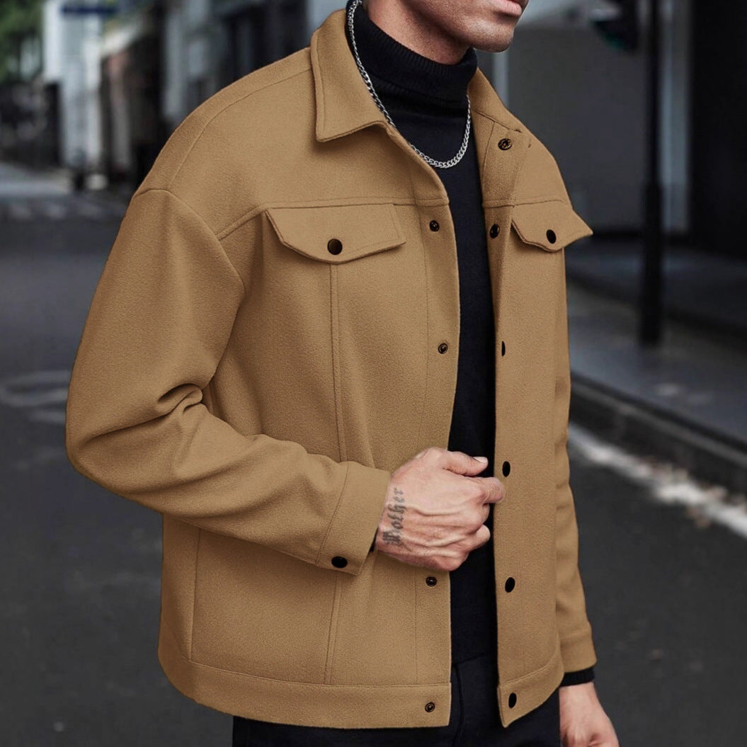 Herren Overshirt-Jacke im Trucker-Stil mit Wollmix-Optik und Druckknöpfen Echoarchiv