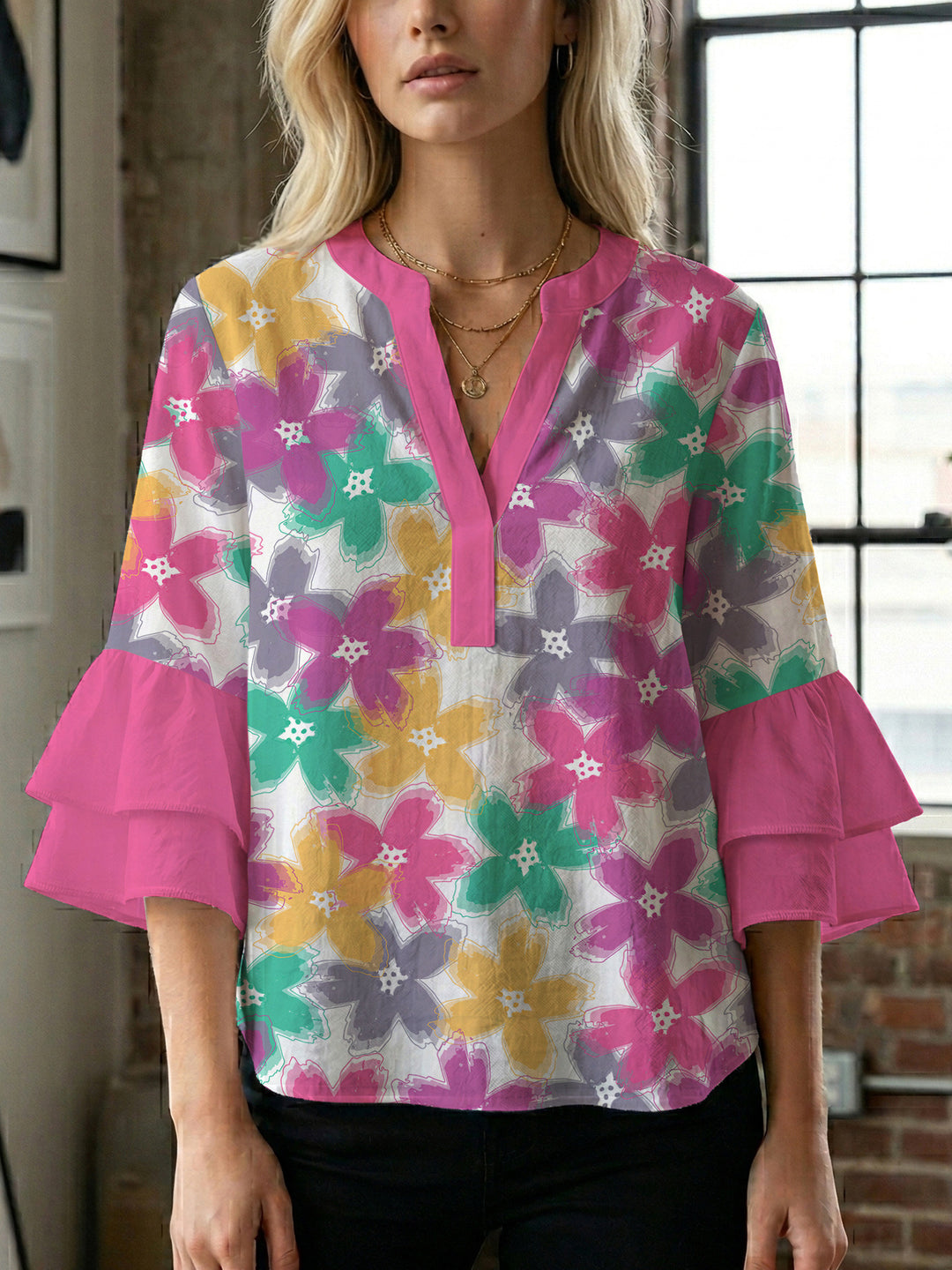 Damen Bluse mit voluminösen Ärmeln und floralem Design Echo Archiv