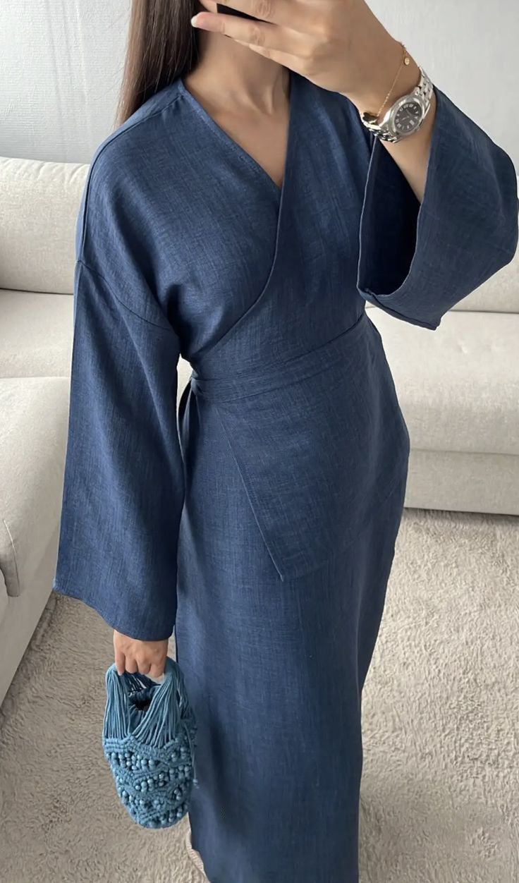 Damen Wickelmaxikleid in Leinenoptik mit Kimonoärmeln und Taillenbund – Valéora