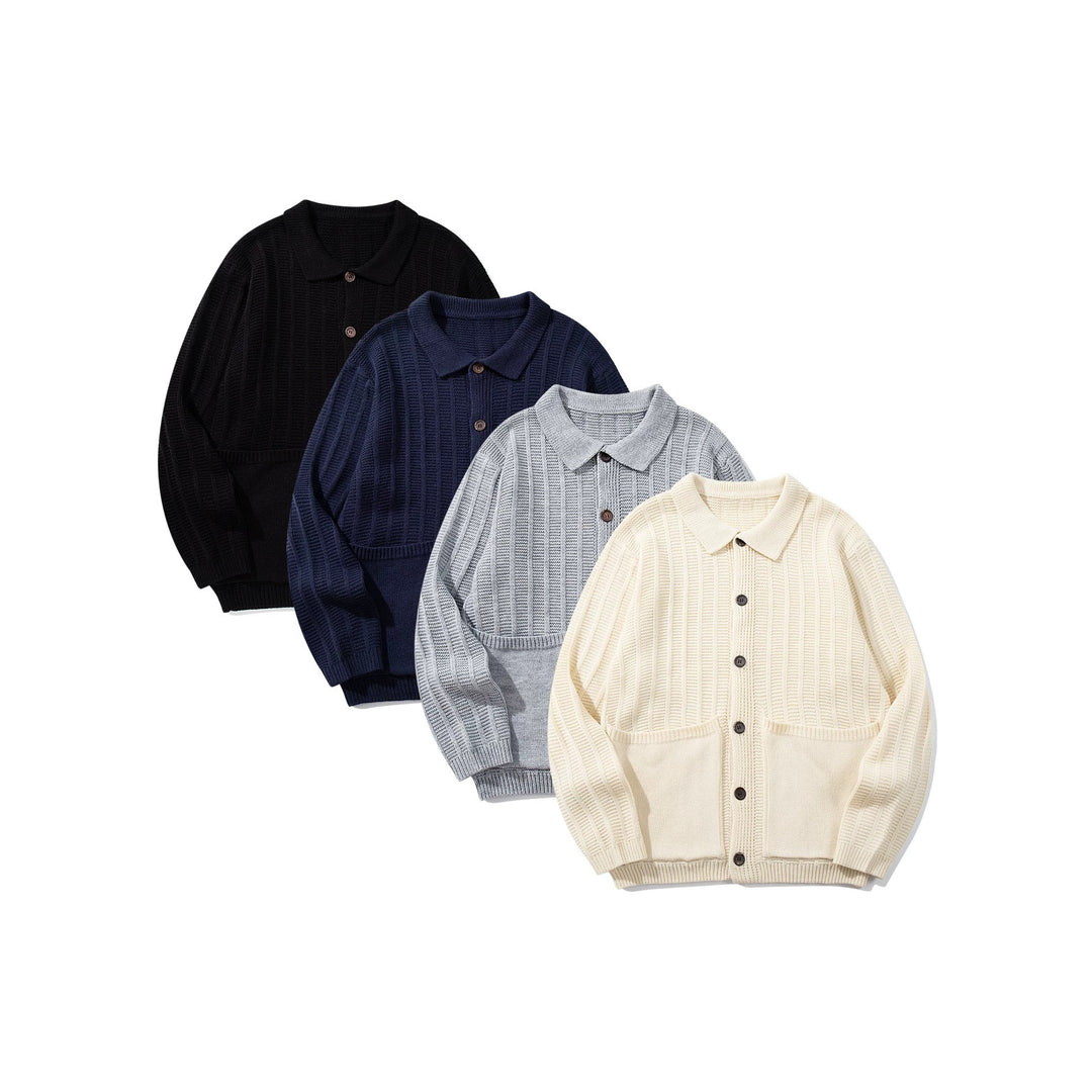 Unisex Strukturiertes Strickcardigan mit Hemdkragen und aufgesetzten Taschen Echoarchiv