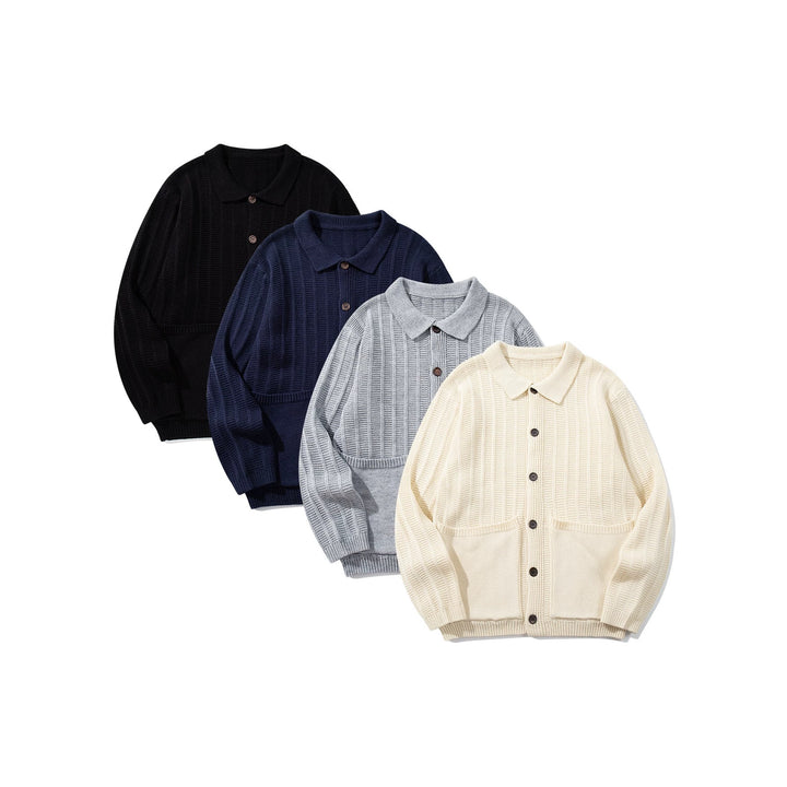 Unisex Strukturiertes Strickcardigan mit Hemdkragen und aufgesetzten Taschen Echoarchiv
