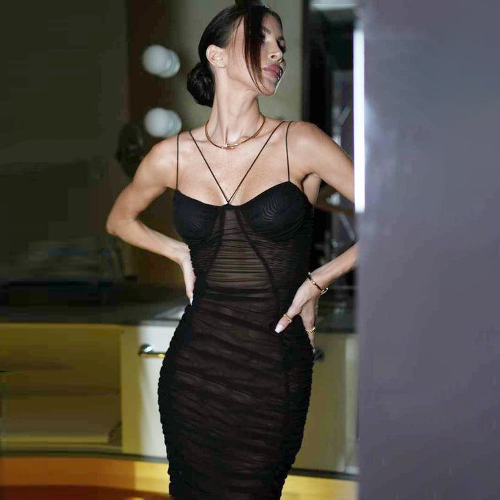 Damen Figurbetontes Maxikleid mit raffinierten Rüschen und Spaghettiträgern Echo Archiv