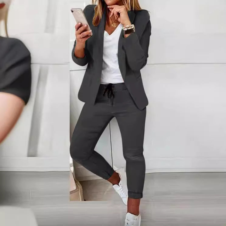 Damen nan lässiges Hosenanzug-Set mit Joggerhose, Kordelzug und tailliertem Blazer Echo Archiv