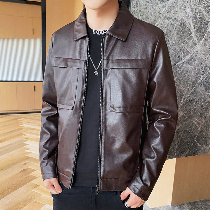 Herren minimalistisches Kunstleder-Zipblouson mit Hemdkragen und Pattentaschen Echoarchiv