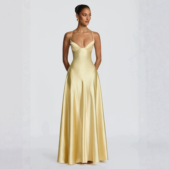 Damen elegantes Satin-Maxikleid mit raffinierten Spaghettiträgern Echoarchiv