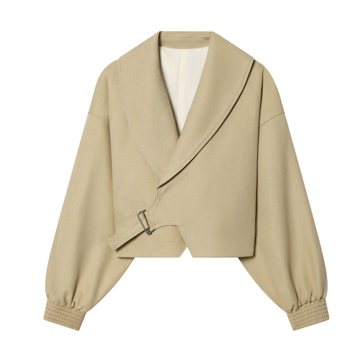 Damen Cropped-Wickeljacke mit großem Schalkragen, Gürtel und Ballonärmeln Echo Archiv