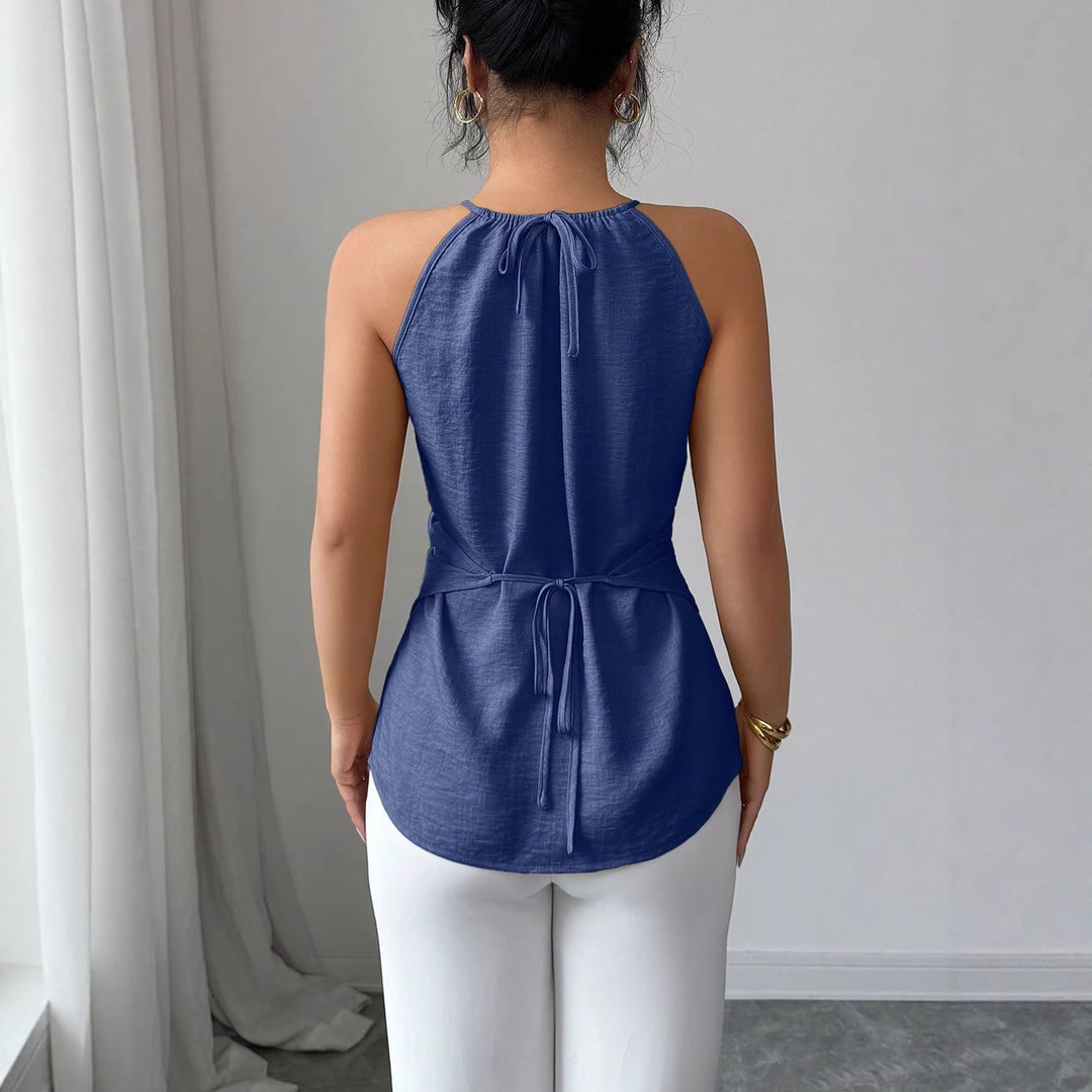 Damen Ärmelloses Twist-Halstops mit Holzperlen und asymmetrischem Saum – Avérine