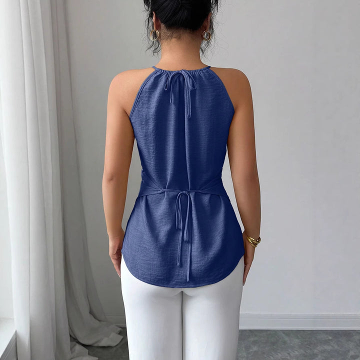Damen Ärmelloses Twist-Halstops mit Holzperlen und asymmetrischem Saum – Avérine