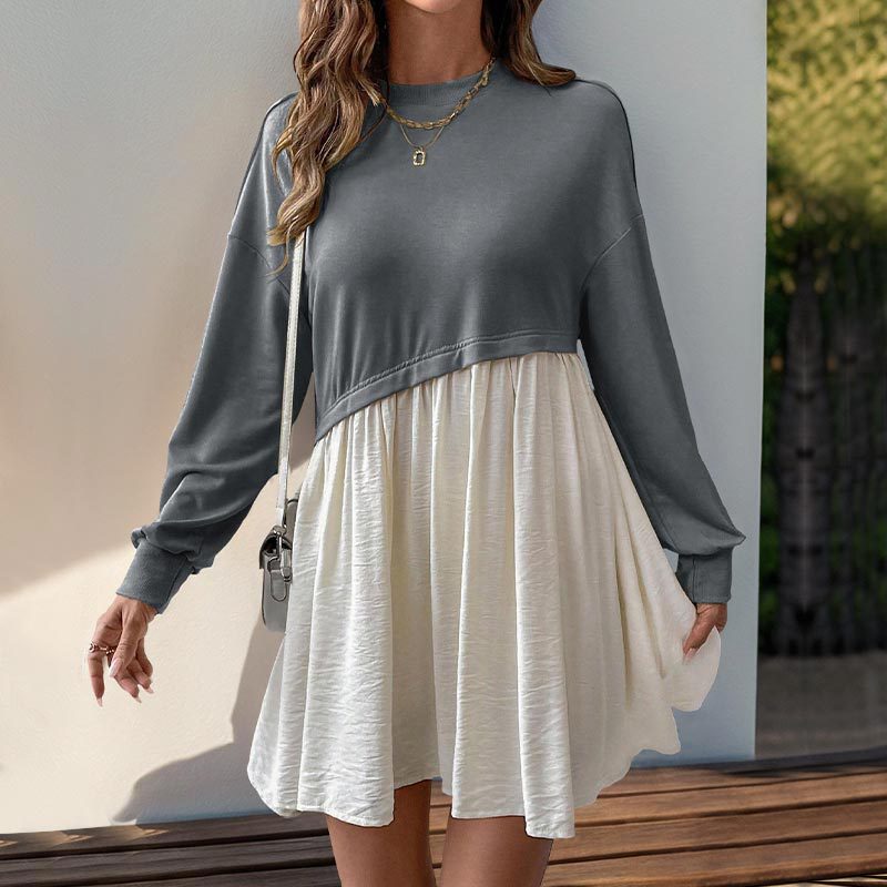 Damen Lässiges Sweatshirt-Babydoll-Kleid mit asymmetrischer Taillennaht und weiter Stufenrock Echoarchiv