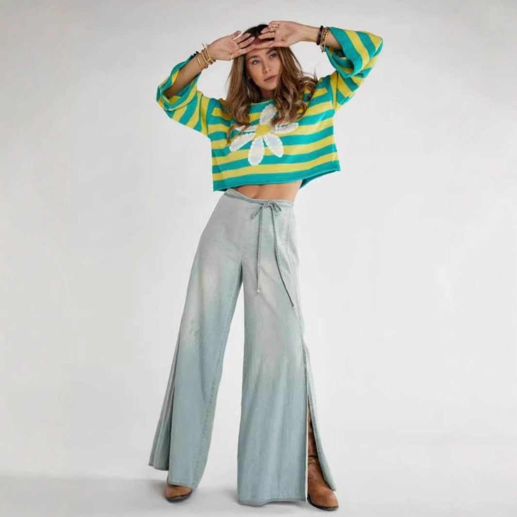 Damen Modischer gestreifter Crop-Pullover mit Blumenmuster – Mavelle