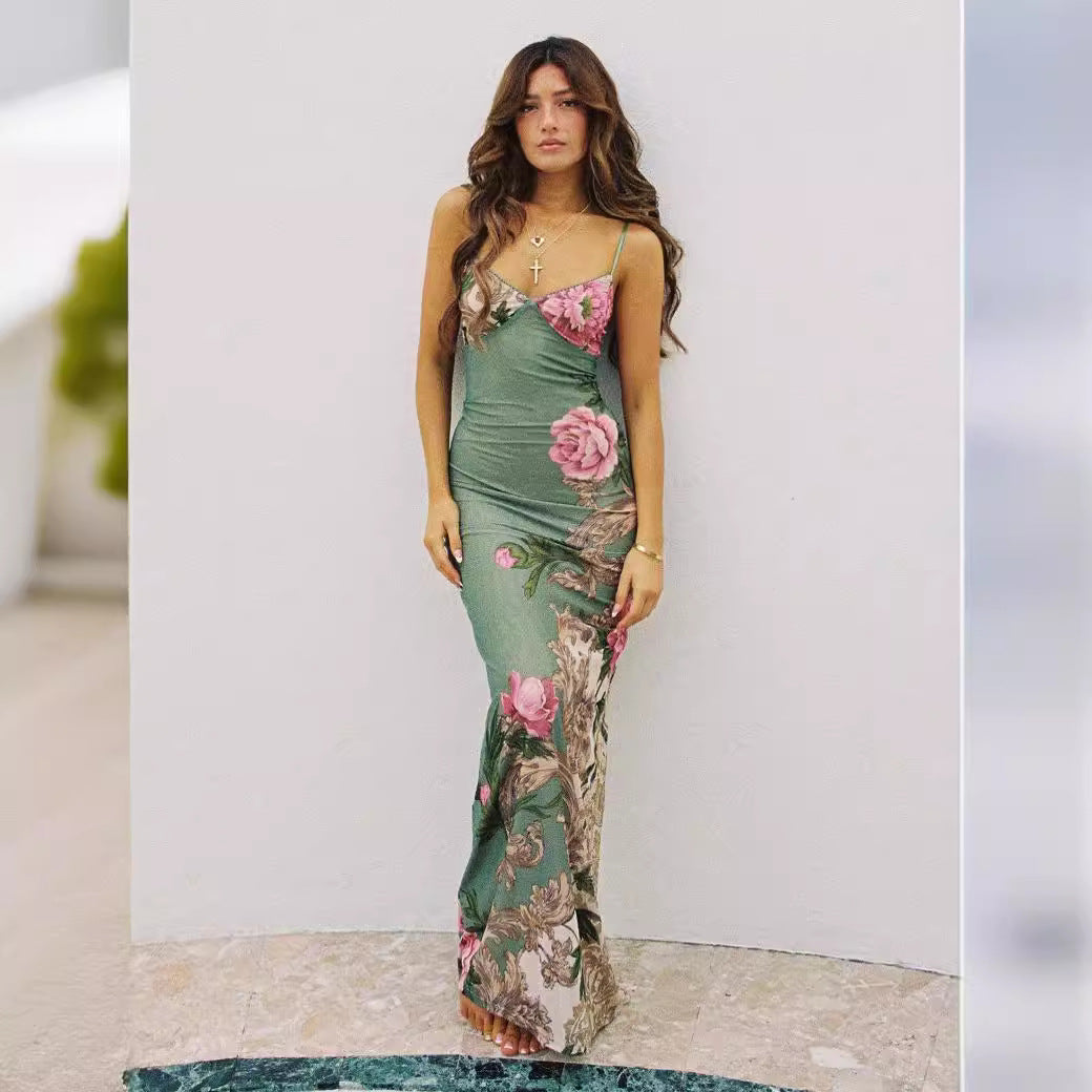 Damen Etuikleid mit zartem floralem Druck und feinen Spaghetti-Trägern Echo Archiv
