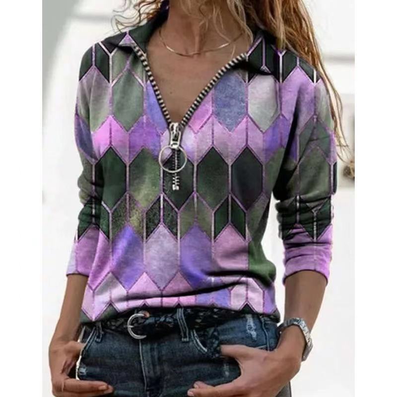 Damen Zip-Pullover mit Polokragen, grafischem Rautenprint und schmaler Passform Echo Archiv