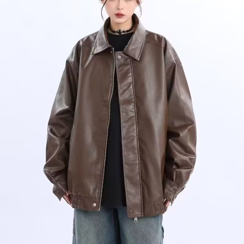 Damen Oversized Kunstleder-Blouson mit elastischem Saum und Hemdkragen Echoarchiv