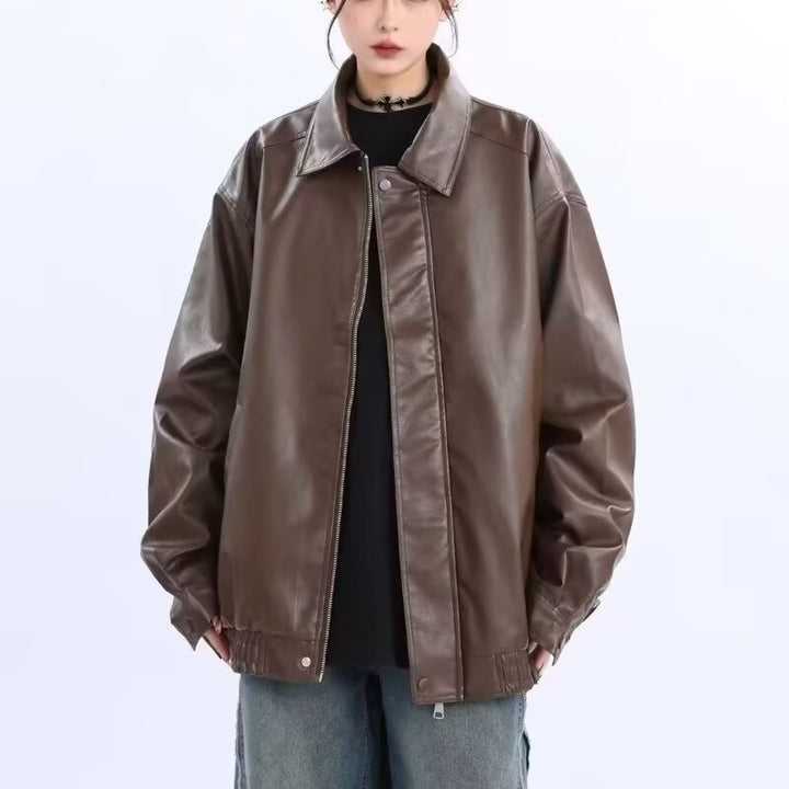 Damen Oversized Kunstleder-Blouson mit elastischem Saum und Hemdkragen Echoarchiv