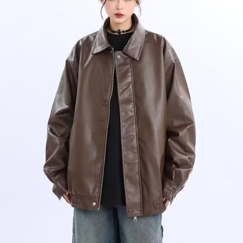 Damen Oversized Kunstleder-Blouson mit elastischem Saum und Hemdkragen Echoarchiv