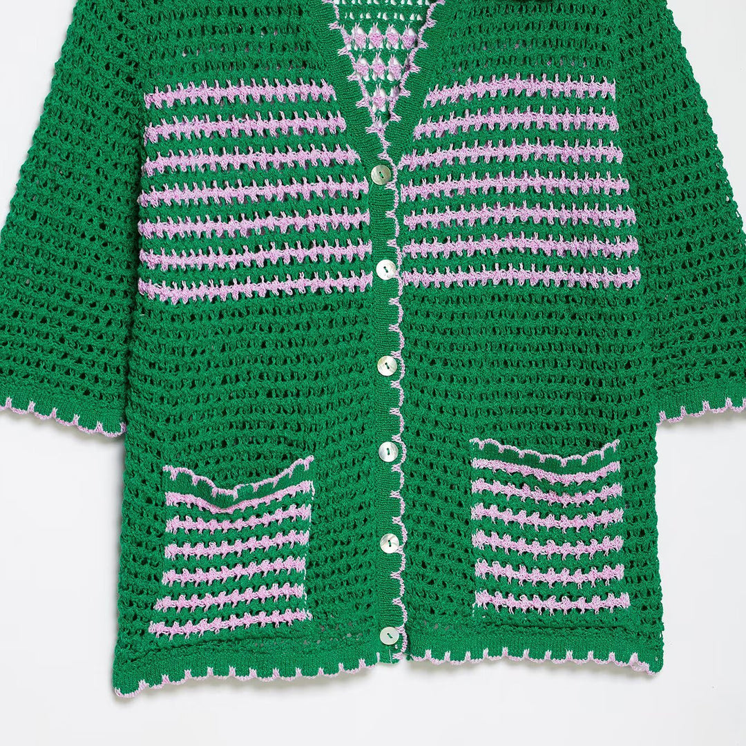 Damen Häkelstrickjacke mit kurzem Arm, Knopfleiste und Vintage-Kragen Echo Archiv